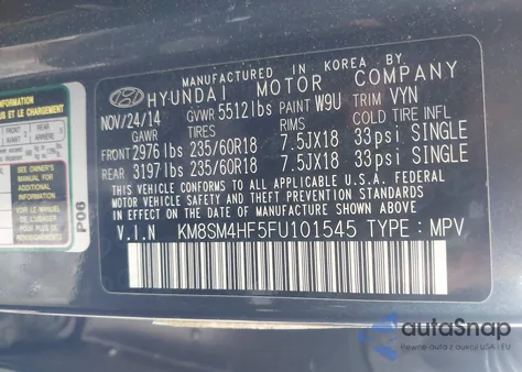 2015 Hyundai Santa Fe Gls from USA, damaged, VIN KM8SM4HF5FU101545